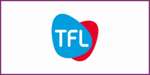 TFL-Logo mit weiÃŸen Buchstaben auf einer blauen abstrakten Form, die eine rote Form im Hintergrund Ã¼berlagert.