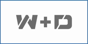 Grafik des Firmenlogos mit stilisierten grauen Buchstaben â€žW + Dâ€œ auf weiÃŸem Hintergrund, umrahmt von einem schmalen blauen Rechteck, das die MarkenidentitÃ¤t und modernes Industriedesign verkÃ¶rpert.