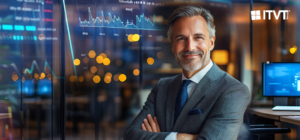 Ein Bild der Marke ITVT, das einen Fachmann in einer modernen BÃ¼roumgebung zeigt, der mit verschrÃ¤nkten Armen vor digitalen Dashboards und Computerbildschirmen steht, auf denen Datenanalysen angezeigt werden; es symbolisiert datengestÃ¼tzte Entscheidungsfindung, FÃ¼hrungsqualitÃ¤ten und Business Intelligence in einem technologieorientierten Umfeld.