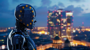 Eine konzeptionelle Illustration, die die Zukunft der kÃ¼nstlichen Intelligenz in Europa mit fortschrittlicher Technologie und Innovation darstellt.