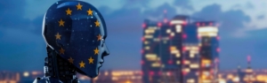 Eine konzeptionelle Illustration, die die Zukunft der kÃ¼nstlichen Intelligenz in Europa mit fortschrittlicher Technologie und Innovation darstellt.