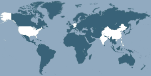 Weltkarte mit LÃ¤ndern, die in verschiedenen Farben hervorgehoben sind, zur Darstellung der globalen Geografie und der nationalen Grenzen
