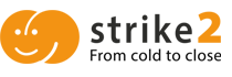 Logo von strike2 von ITVT, bestehend aus zwei orangefarbenen Smileys, die eine Kreisform bilden, gefolgt vom Text â€žstrike2â€ in Schwarz und Orange und dem Slogan â€žFrom cold to closeâ€ darunter.